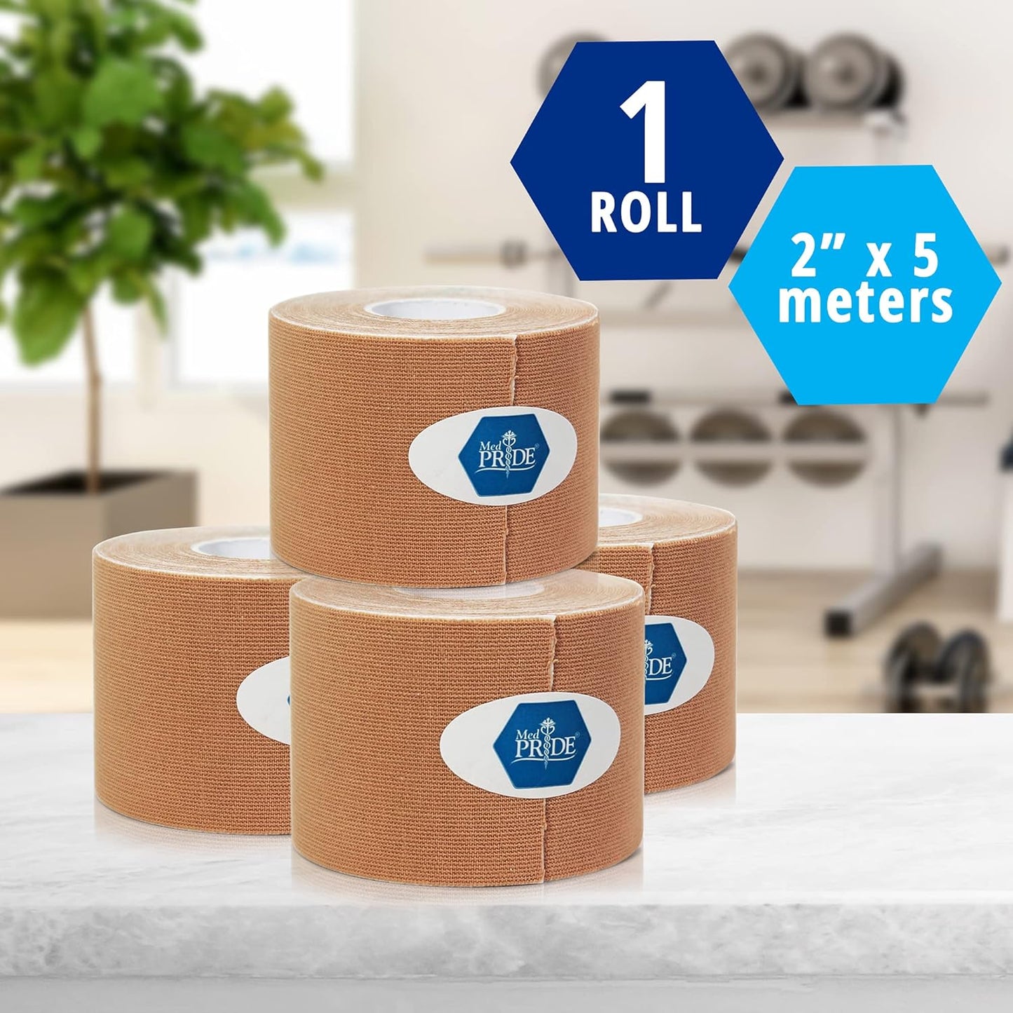 MedPride Kinesiology Tape – Tan 2”x5M Latex-Free Athletic Tape for Pain Relief, Injured Muscle Support, 24/Box, Case of 6 (144 Count)