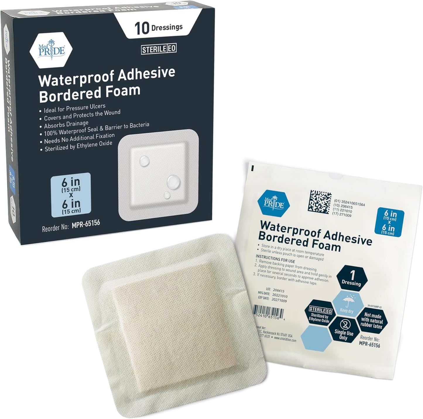 Medpride 6" x 6" Waterproof Adhesive Border Foam Wound Dressing, 10/Pack, Case of 20 (200 Count)