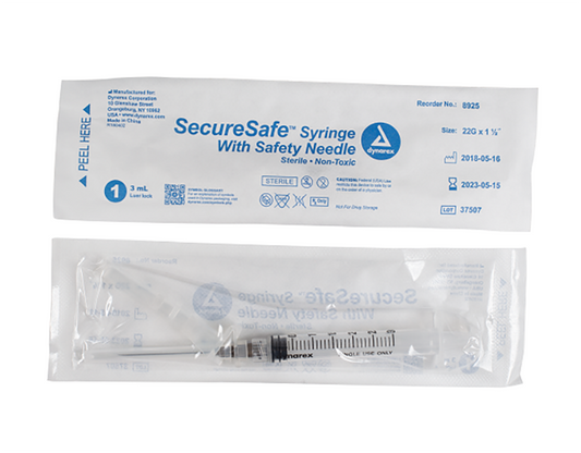 Dynarex SecureSafe Syringe w/ Safety Needle, 3cc - Luer Lock (800 Count)