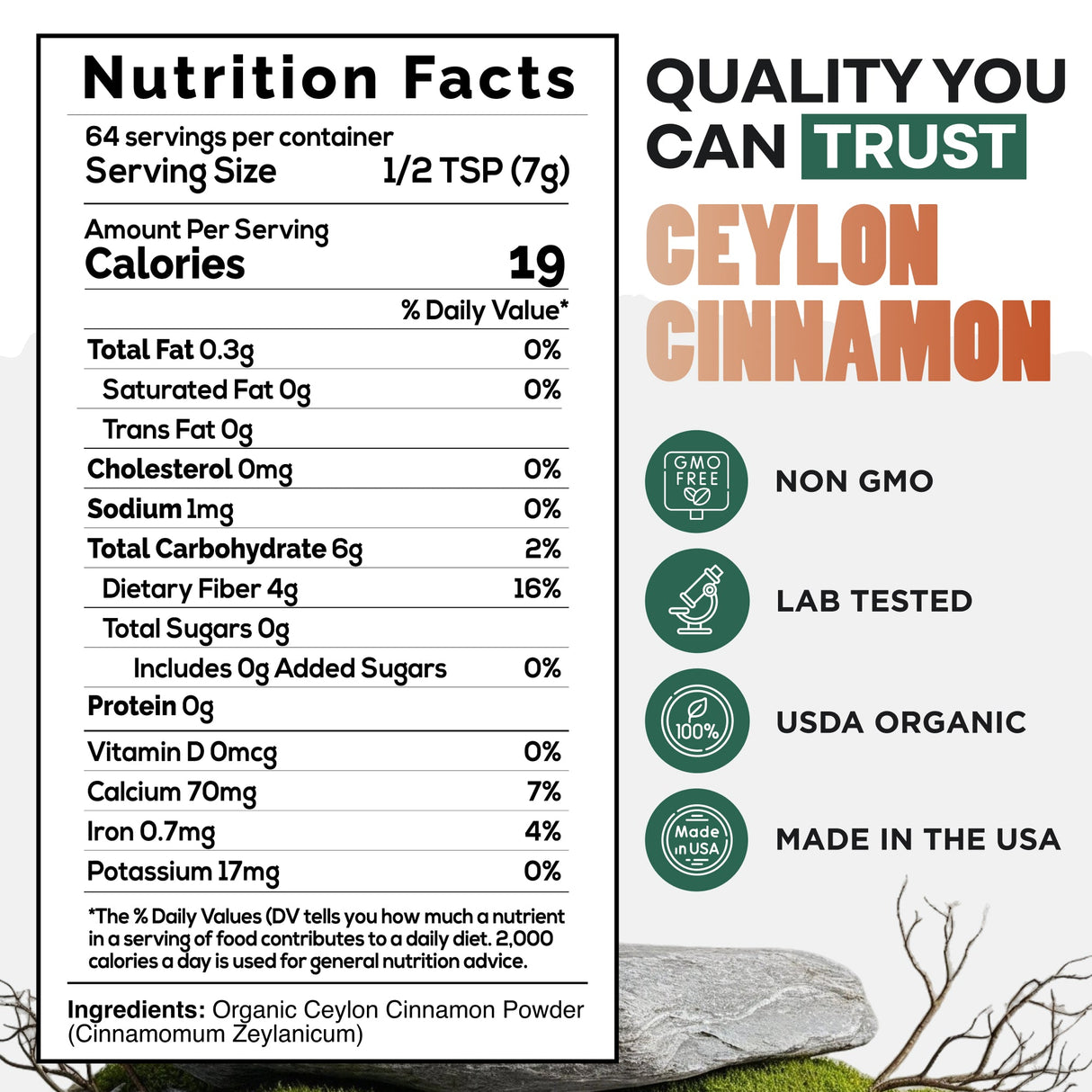 Ceylon Cinnamon Powder Organic, 64 servings - USDA Organic Cinnamon from Sri Lanka