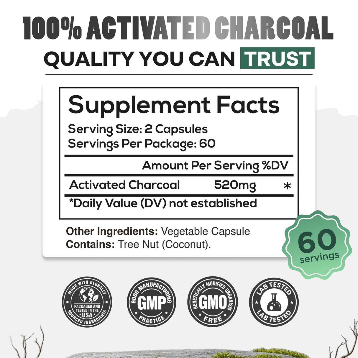 Activated Charcoal Capsules, 60 servings - Made from 100% Organic Coconuts