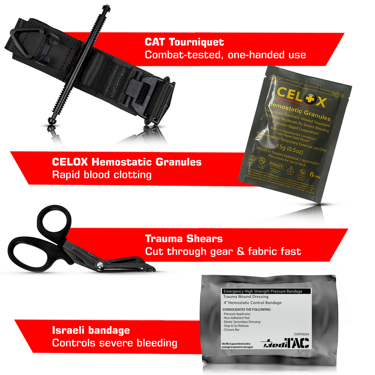 Premium Tactical IFAK Kit w Rip-Away Velcro, SOF Tourniquet & CELOX