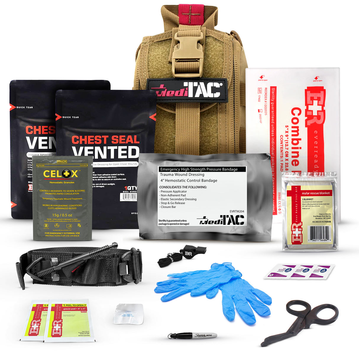 Premium Tactical IFAK Kit w Rip-Away Velcro, SOF Tourniquet & CELOX