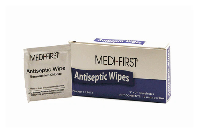 Two boxes of Medi-First antiseptic wipes on a white background