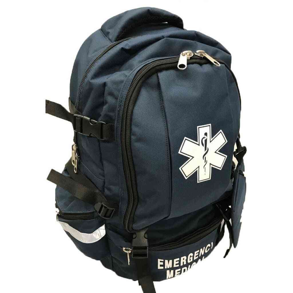 LINE2design First Responder Backpack Emergency EMS Medical Empty Trauma Bag with Star Of Life Logo Shoulder Straps & Waist Belt - Navy Blue