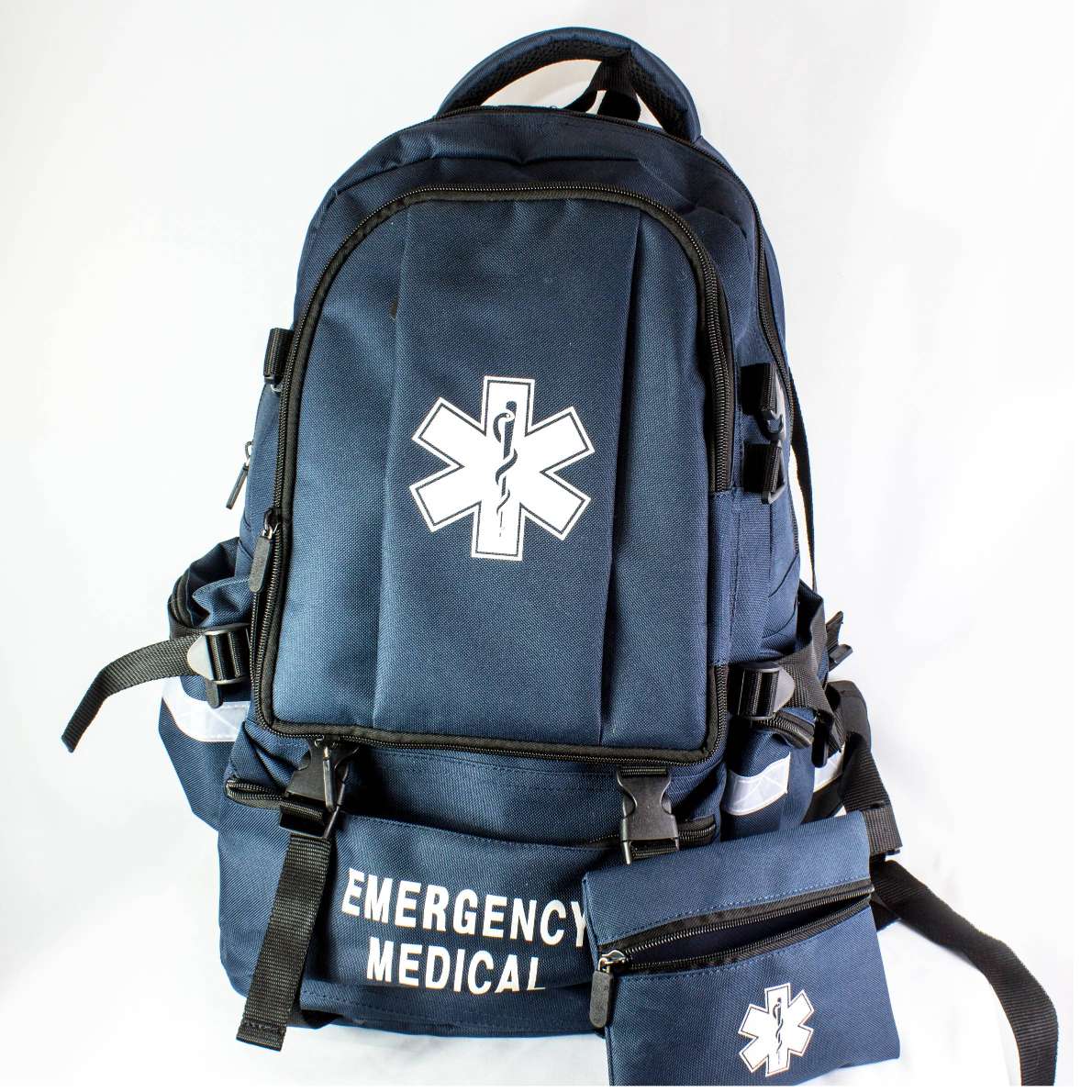LINE2design First Responder Backpack Emergency EMS Medical Empty Trauma Bag with Star Of Life Logo Shoulder Straps & Waist Belt - Navy Blue
