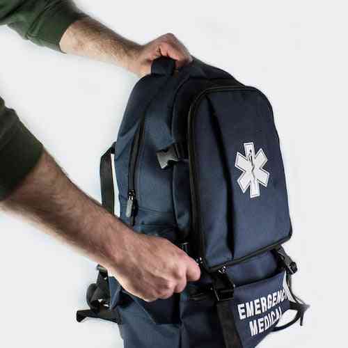 LINE2design First Responder Backpack Emergency EMS Medical Empty Trauma Bag with Star Of Life Logo Shoulder Straps & Waist Belt - Navy Blue