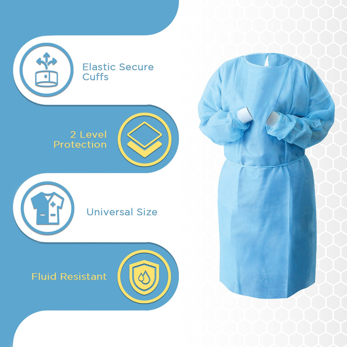 Disposable Isolation Gowns with Elastic Cuffs - Universal Size, Level 2, PP/PE, 100/Case - Blue