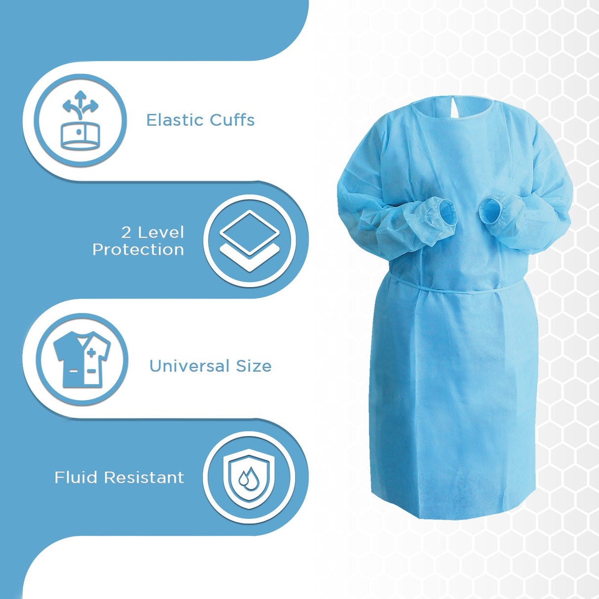 Disposable Isolation Gowns with Knit Cuffs - Universal Size, Level 2, SMS, 180/Case - Blue