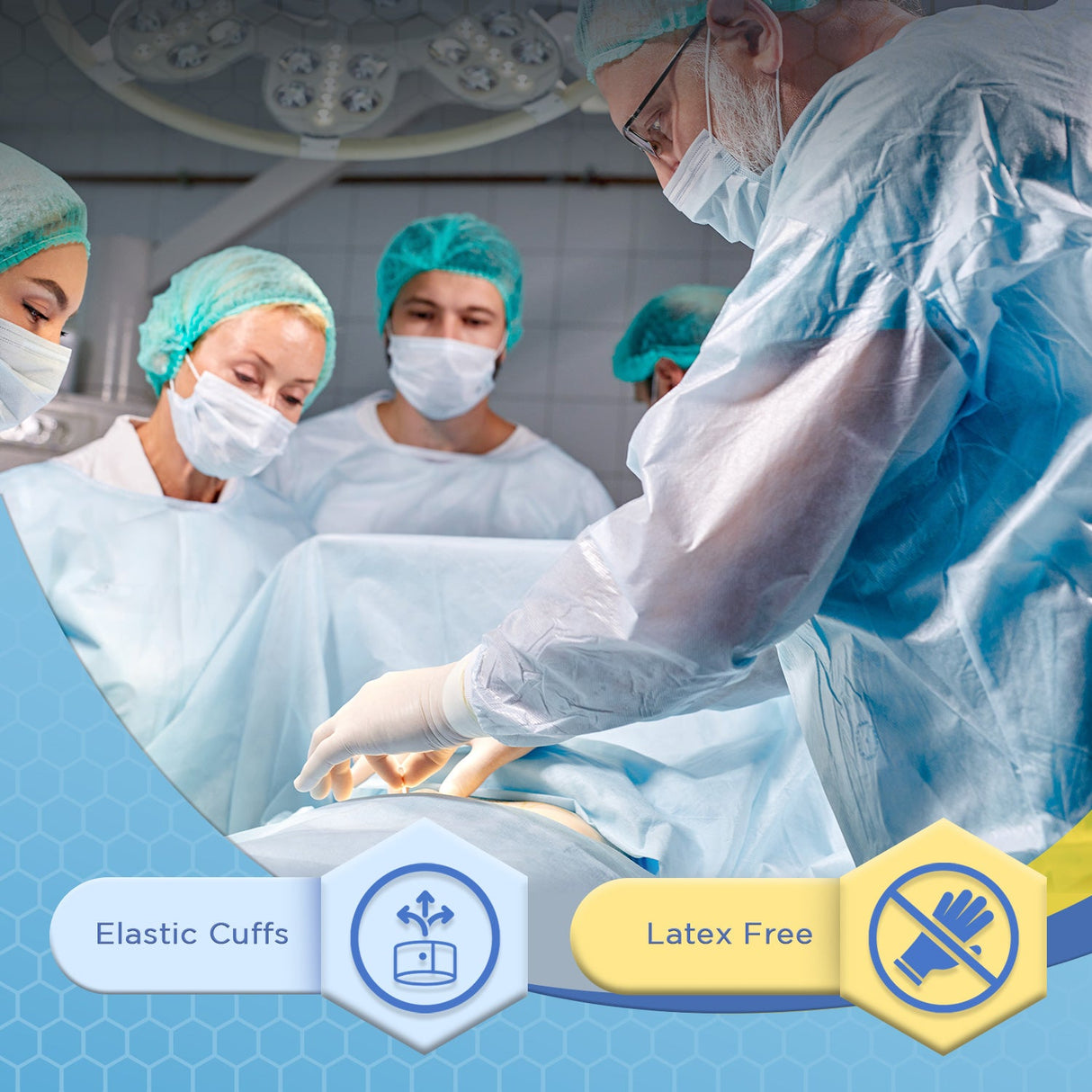 Disposable Isolation Gowns with Elastic Cuffs - Universal Size, Level 2, PP/PE, 100/Case - Blue
