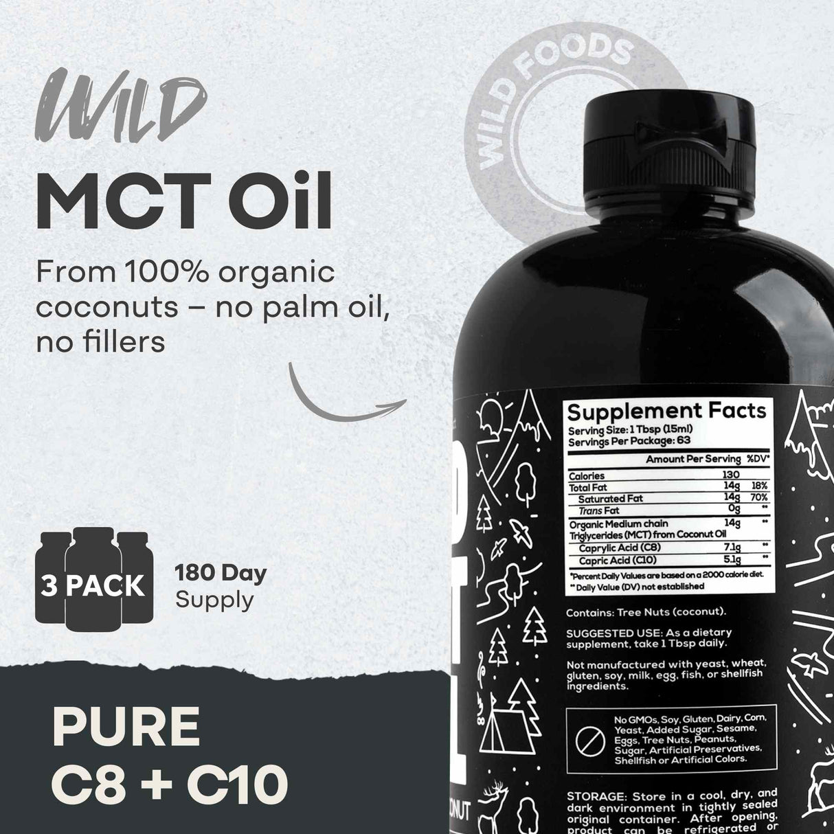 Wild MCT Oil – 100% Coconut-Sourced Brain & Body Fuel, 63 Servings