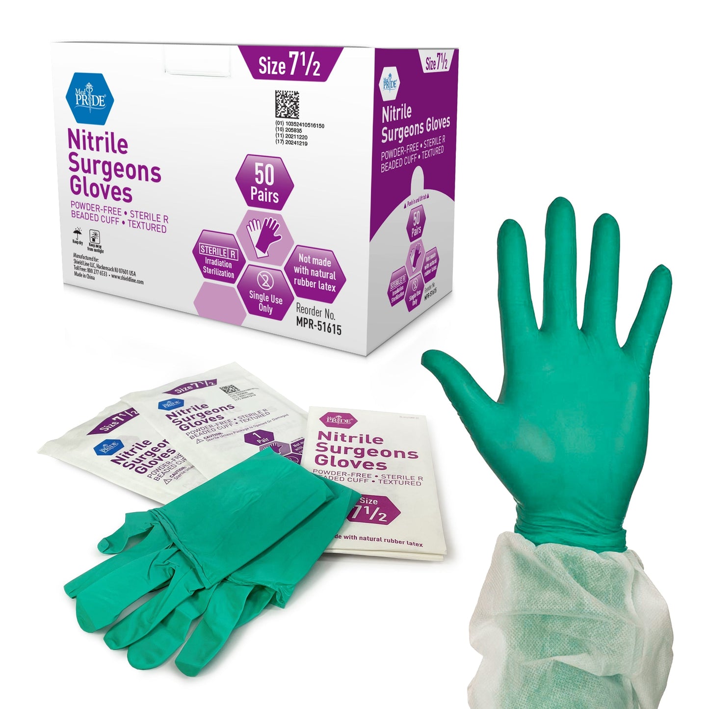 MedPride Nitrile Surgeons Gloves 5 Mil Thick Sterile Powder Free - 50 Pairs / Case of 4 (200 Count)