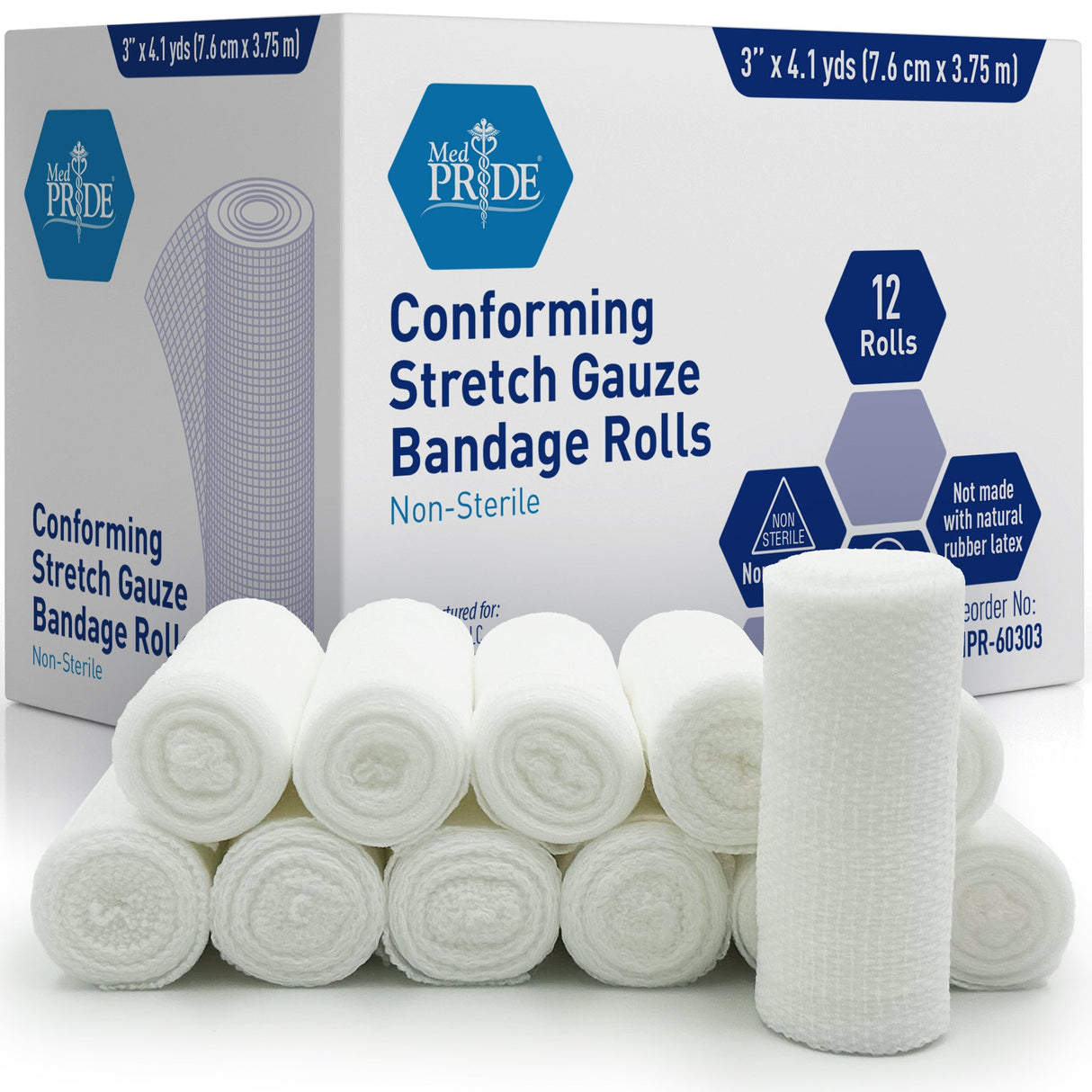 MedPride Conforming Stretch Gauze Bandage Roll - Non-Sterile - 12 Rolls, Case of 8 (96 Count)