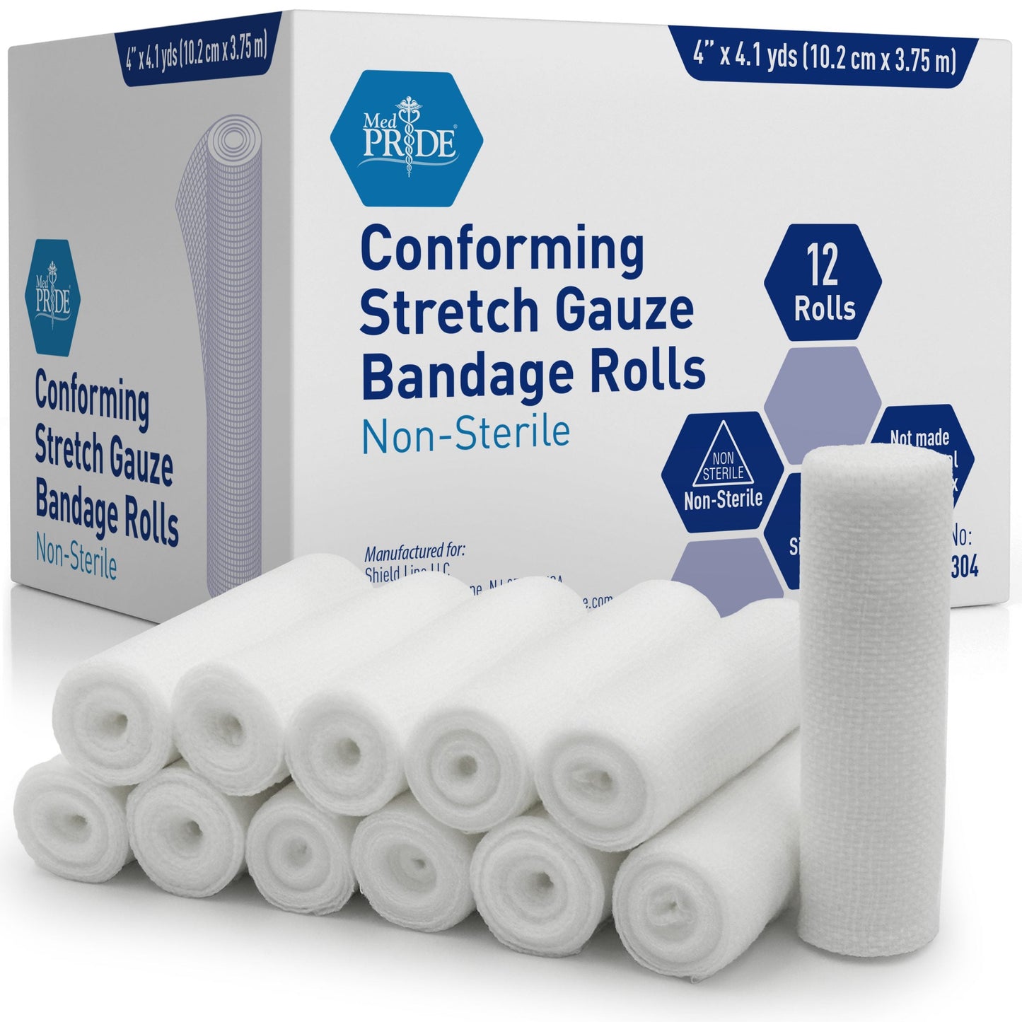 MedPride Conforming Stretch Gauze Bandage Roll - Non-Sterile - 12 Rolls, Case of 8 (96 Count)