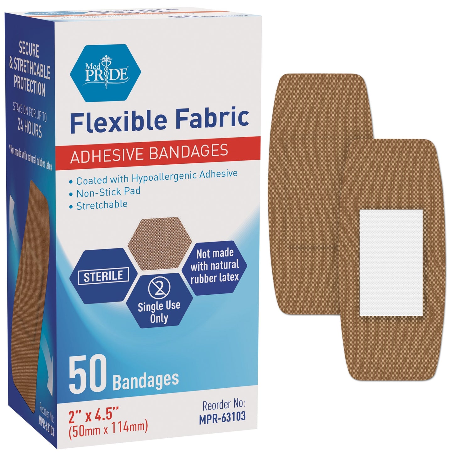MedPride Sterile Fabric Adhesive Bandages, 2'' x 4.5" First Aid Bandages Coated with Hypoallergenic Adhesive & Non-Stick Pad - 50/Box, Case of 24 (1200 Count)