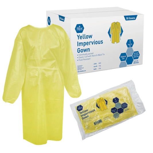 MedPride Yellow Impervious Gown, Cuffed, Universal Size, Individually Packed, Case of 50