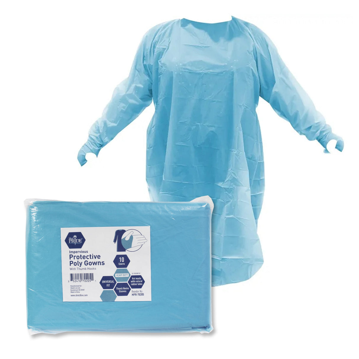 MedPride Protective Poly Gown with Thumb Hooks, Universal Fit - 10 Gowns/Pack, Case of 10 (100 Count)
