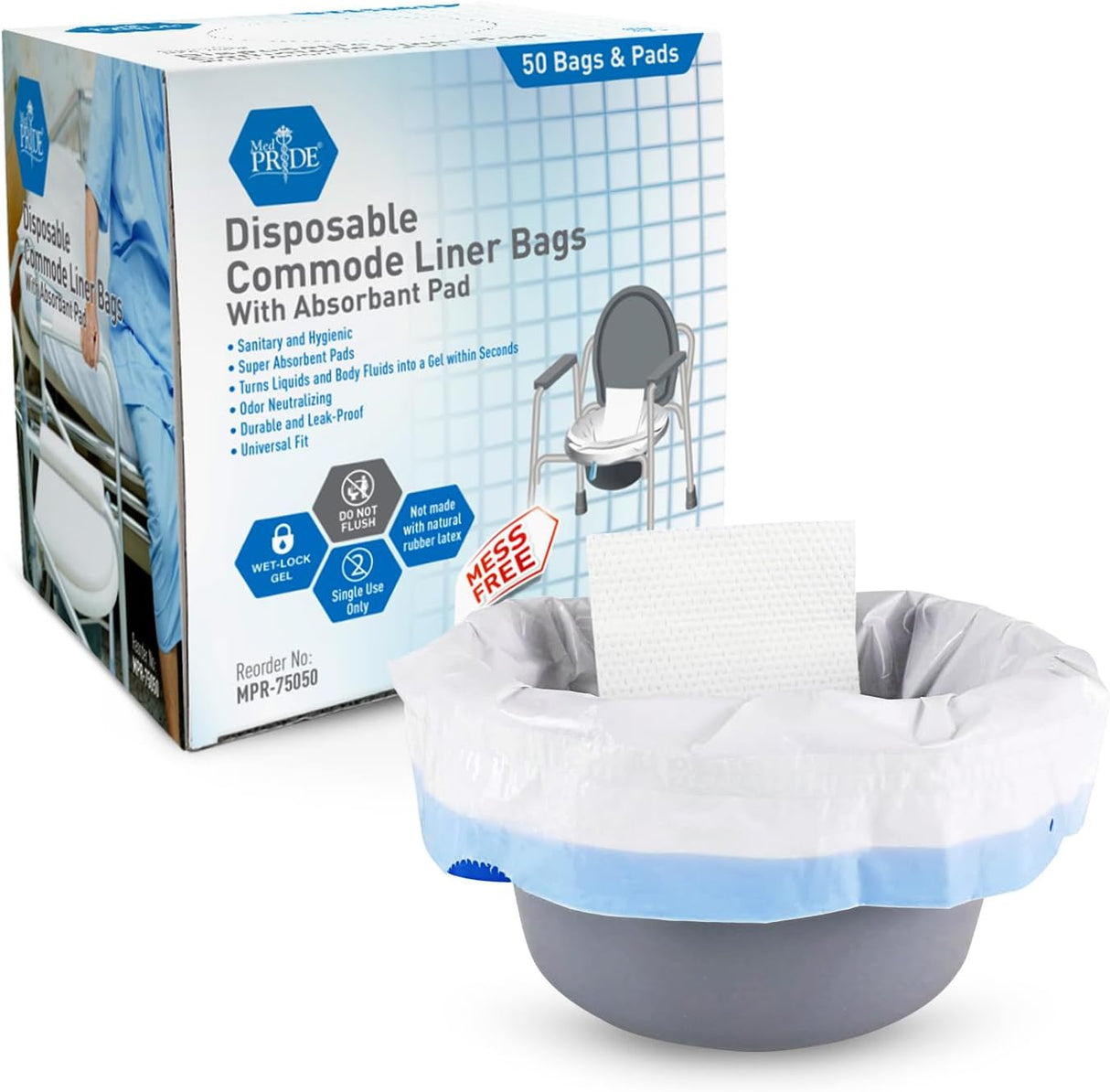 MedPride Disposable Commode Liner Bags with Absorbant Pads, Universal Size, 50 bags and pads / Case of 12 (600 count)