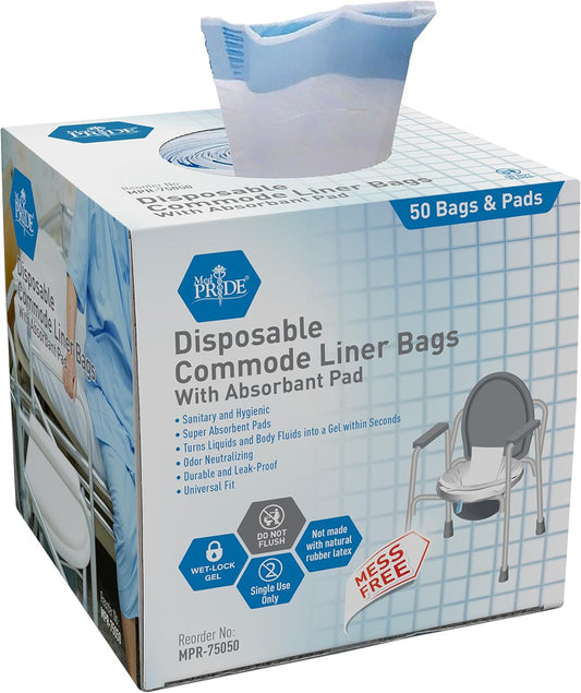MedPride Disposable Commode Liner Bags with Absorbant Pads, Universal Size, 50 bags and pads / Case of 12 (600 count)