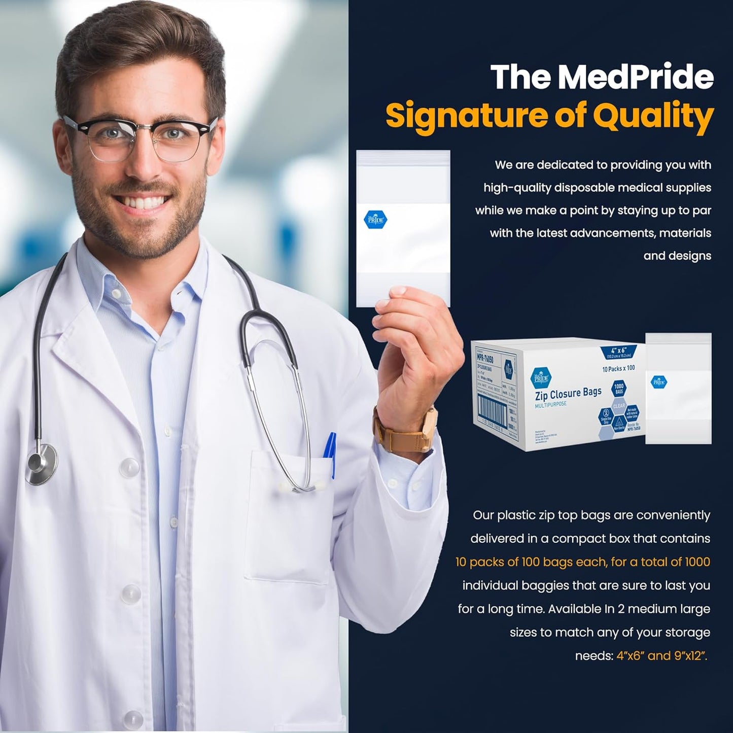 MedPride Reusable Clear Zip Closure Bags, Size 4" x 6", 100 Bags, Case of 10 (1000 Count)