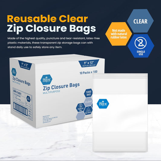 MedPride Reusable Clear Zip Closure Bags, Size 9" x 12", 100 Bags, Case of 10 (1000 count)