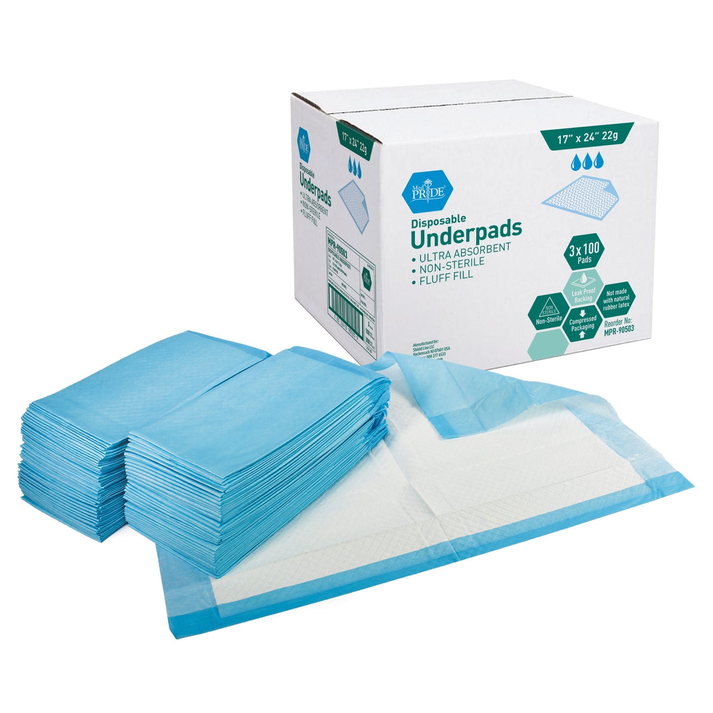 MedPride Disposable Underpads, 17" x 24" (22 grams) 100 Pads, 3 packs/Case (300 Count)
