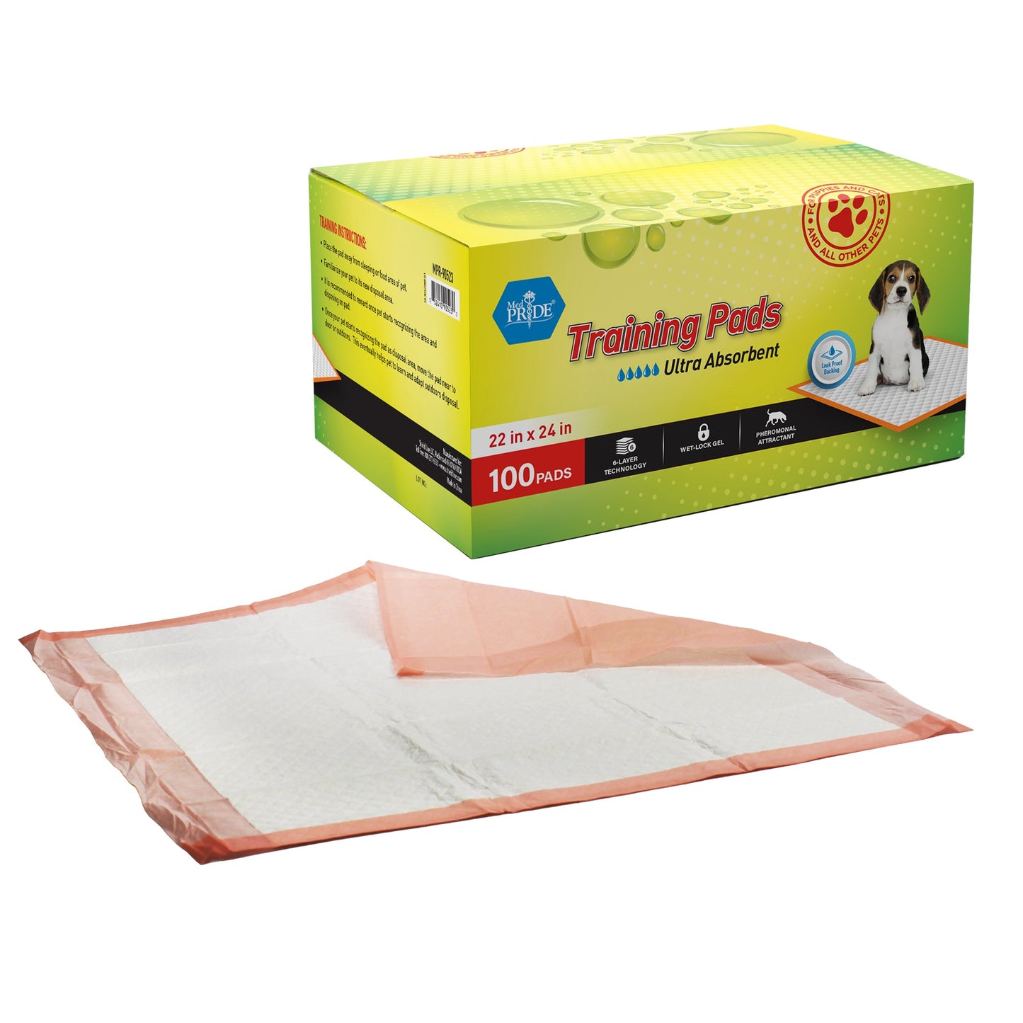 MedPride Pet Pads, 22" x 24" w/ pheromone, Ultra-Absorbent Puppy Potty Pee Pads With 6-Layer Technology (30 gram) - 100 Pads/Case
