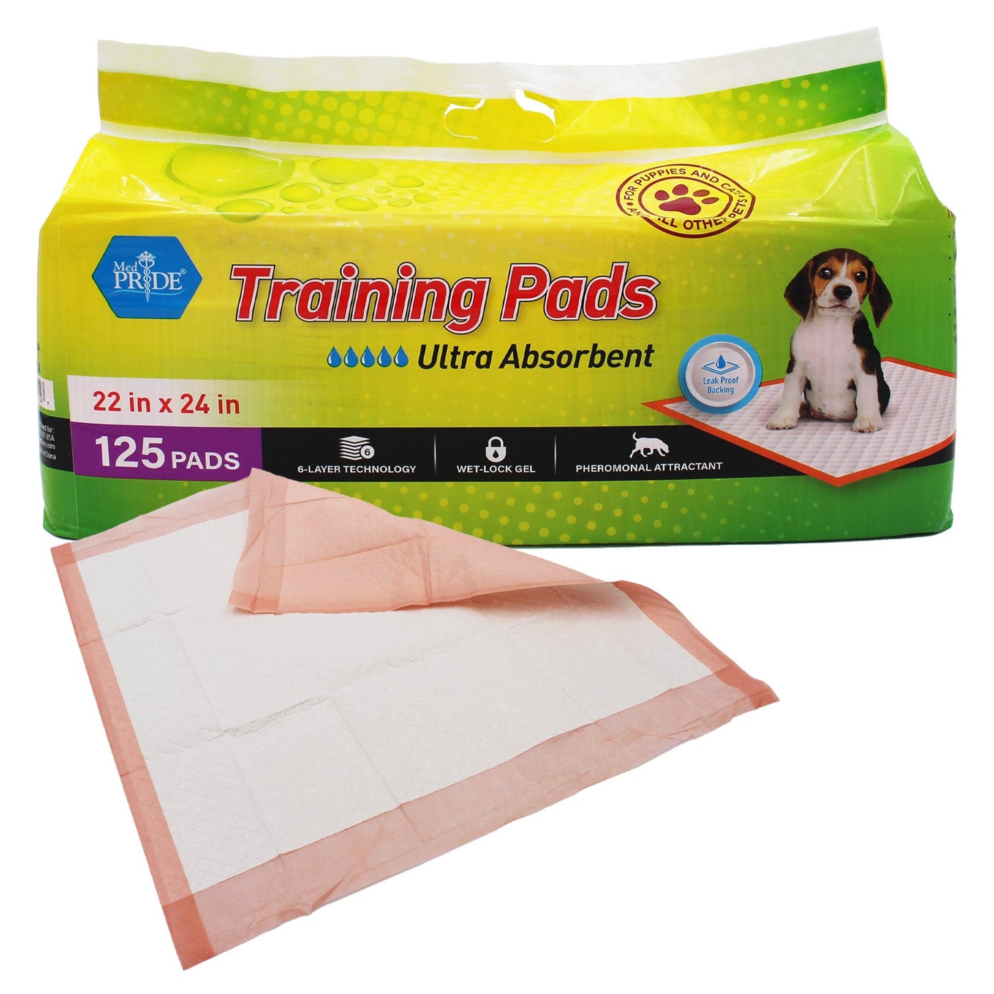 MedPride Pet Pads, 22" x 24" w/ pheromone, Ultra-Absorbent Puppy Potty Pee Pads With 6-Layer Technology (30 gram) - 2 Packs of 125 Pads (250 Count)