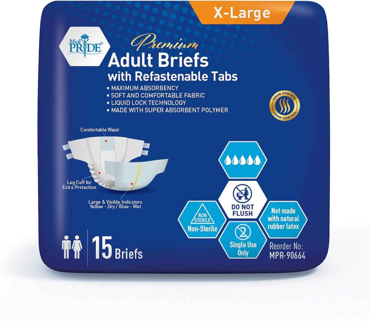 MedPride Adult Briefs with Refastenable Tabs, Large Size, 6 Packs of 12 (72 count)
