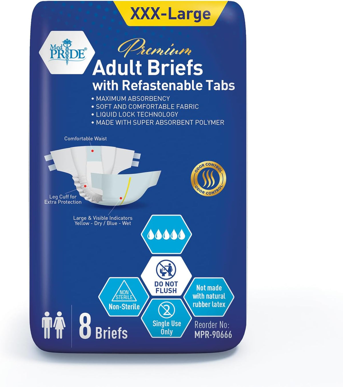 MedPride Adult Briefs with Refastenable Tabs, Large Size, 6 Packs of 12 (72 count)