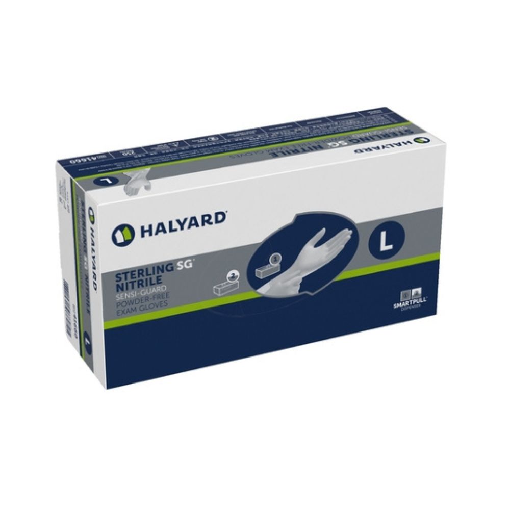 Halyard Exam Glove 2500/Case STERLING SG Large NonSterile Nitrile Standard Cuff Length Textured Fingertips Silver Chemo Tested