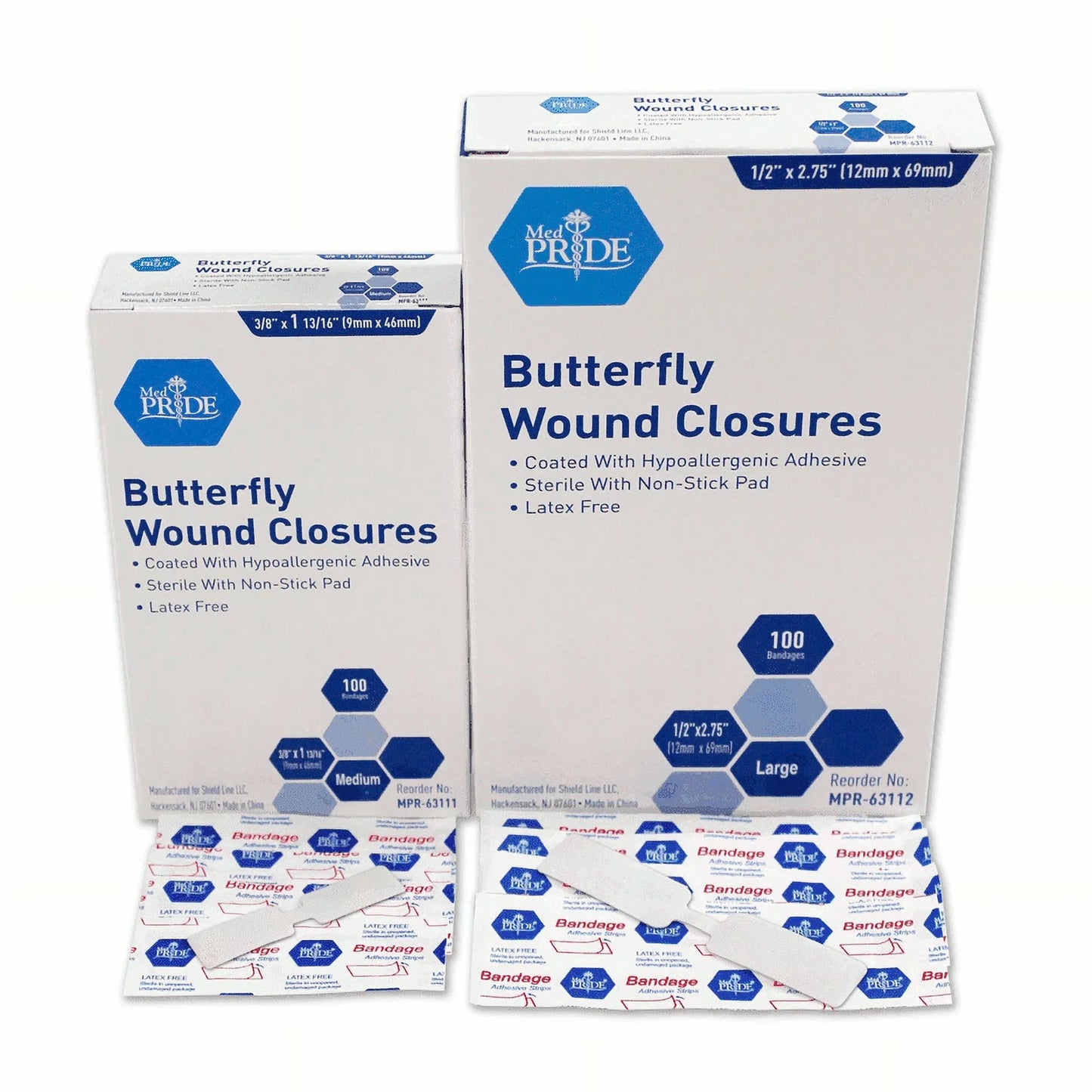 MedPride Adhesive Bandage, Butterfly Wound Closures Fabric, 3/8" x 1 13/16" Medium, Sterile - 100/Box, Case of 24 (2400 Count)