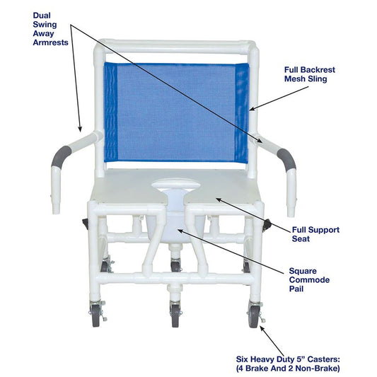 MJM International S126-5HD-BAR-DDA-SQ-PAIL Bariatric Shower Chair Double Drop Arms And Full Support Seat With Commode Opening, 600 Lbs Weight Capacity