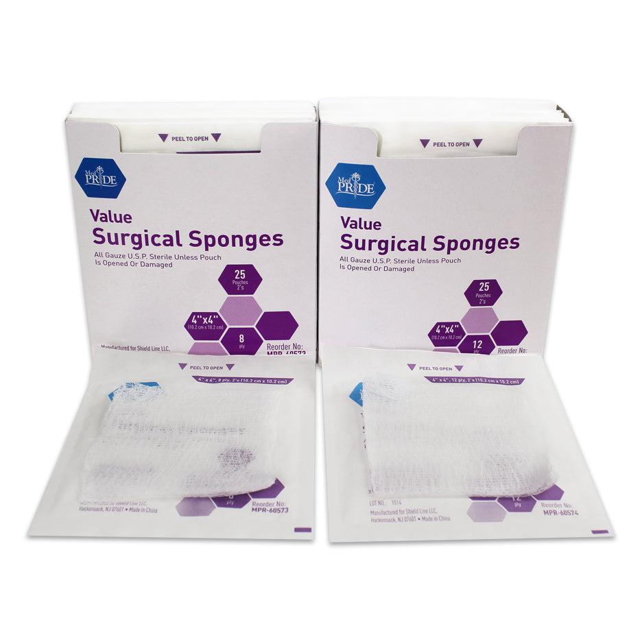 MedPride Value Gauze Surgical Sponges, Sterile - 2's, 4"x4" - 12 Ply - 25/box, Case of 24 (1200 Count)
