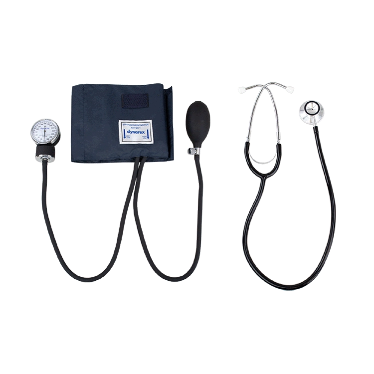 Blood pressure monitor and stethoscope on a white background