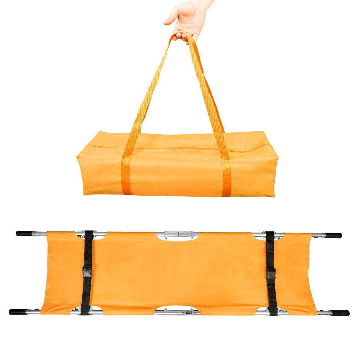 LINE2design EMS Portable Stretcher Emergency Foldaway Medical Flat Four Steel Bars Stretchers with Grip Handles & Zippered Carrying Case - Orange