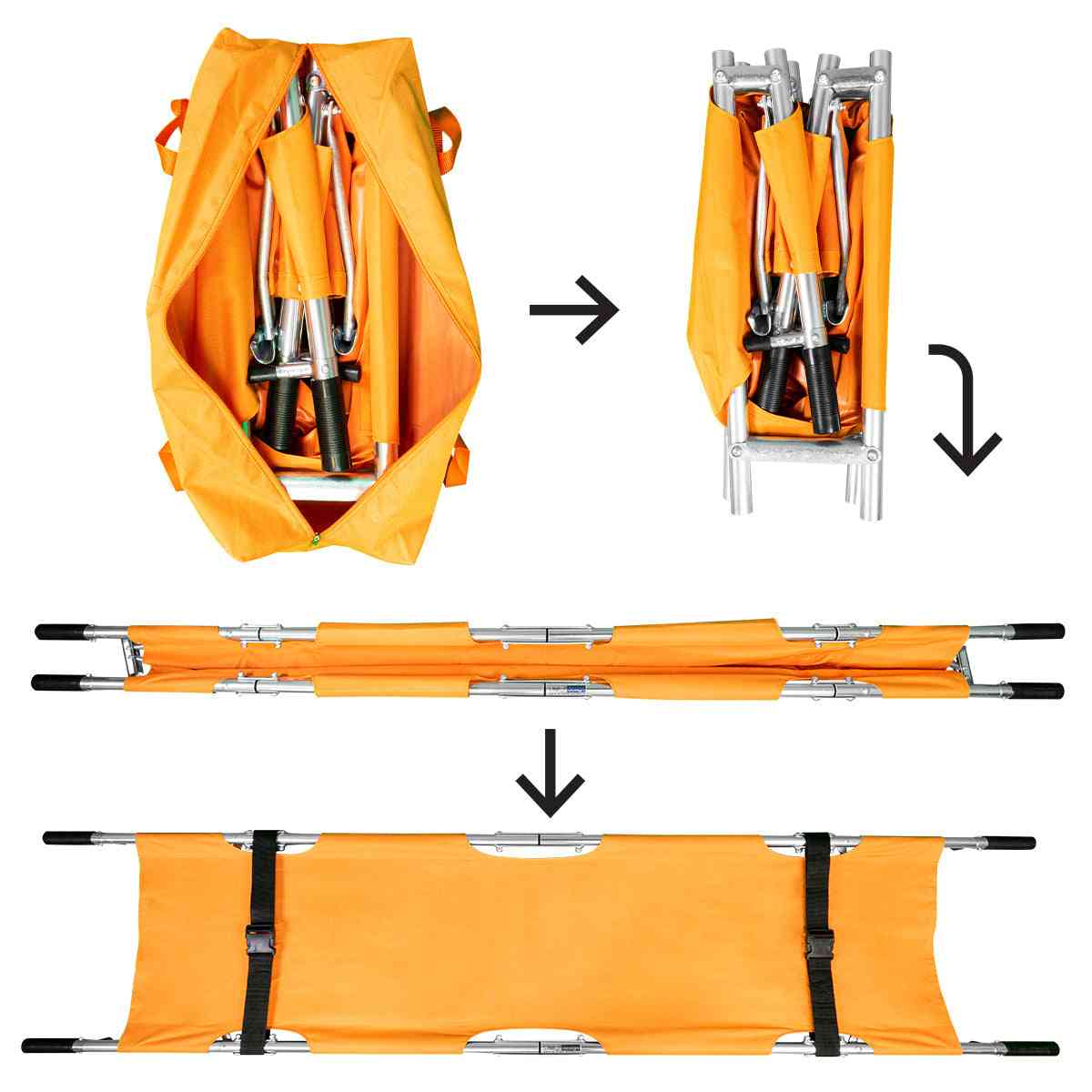 LINE2design EMS Portable Stretcher Emergency Foldaway Medical Flat Four Steel Bars Stretchers with Grip Handles & Zippered Carrying Case - Orange