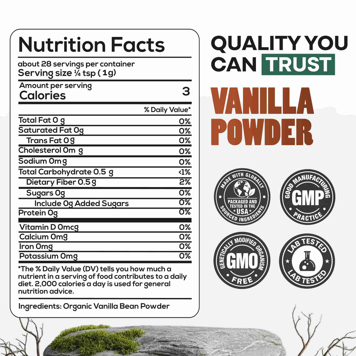 Vanilla Powder, 28 servings - Organic Ground Whole Vanilla Beans