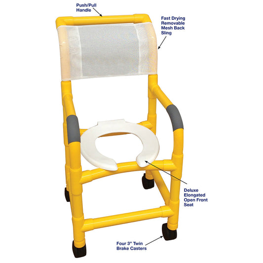 MJM International Y115-3 YELLOW Shower chair 15" internal width, for small adult or pediatric needs, 3" twin casters, open front seat, 250 lbs weight capacity