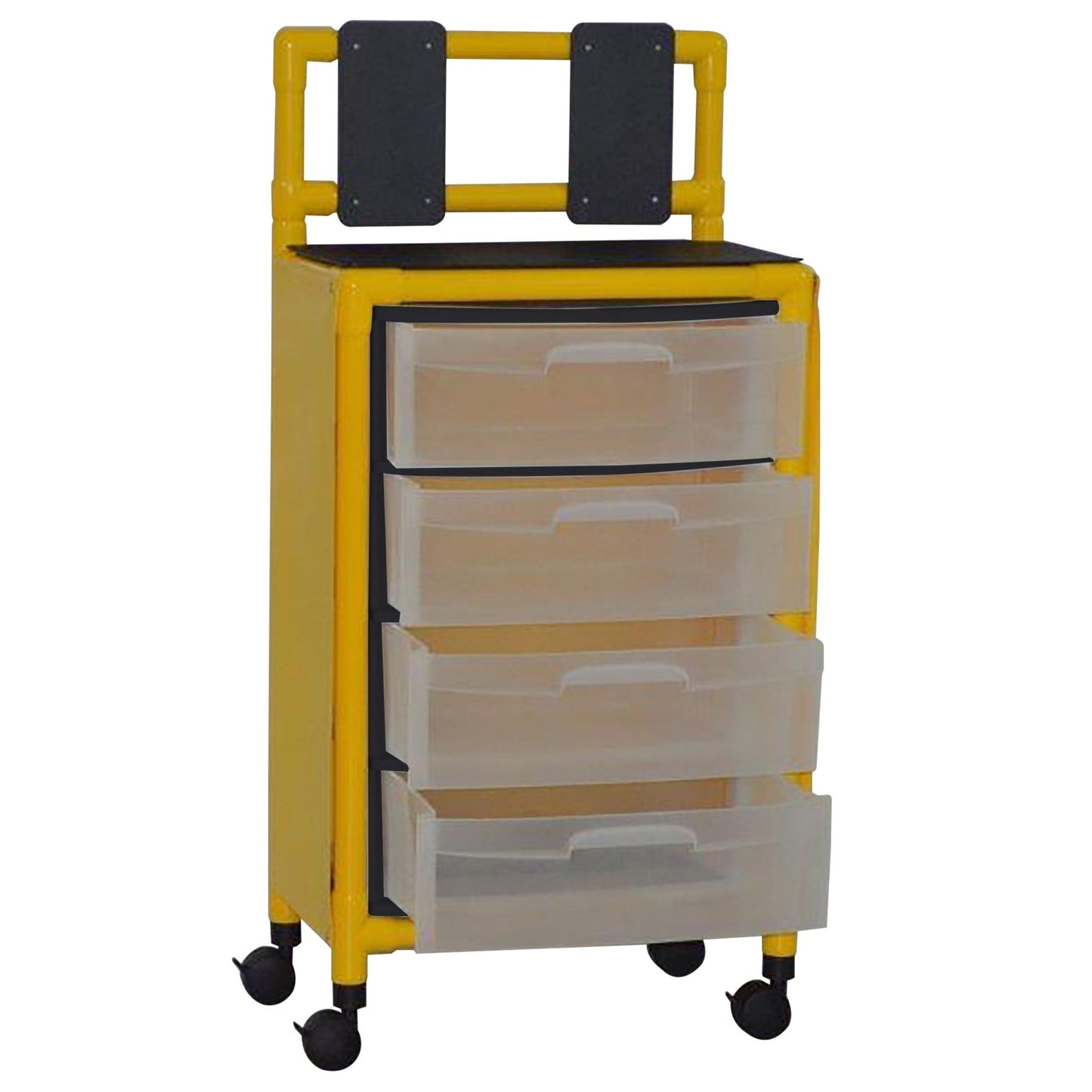 MJM International Y4U4D-ISO Yellow universal isolation cart with 4 slide out drawers, top writing shelf and mounted platform for glove box, internal drawer size: 19.125" W x 14" D x 6.5" H