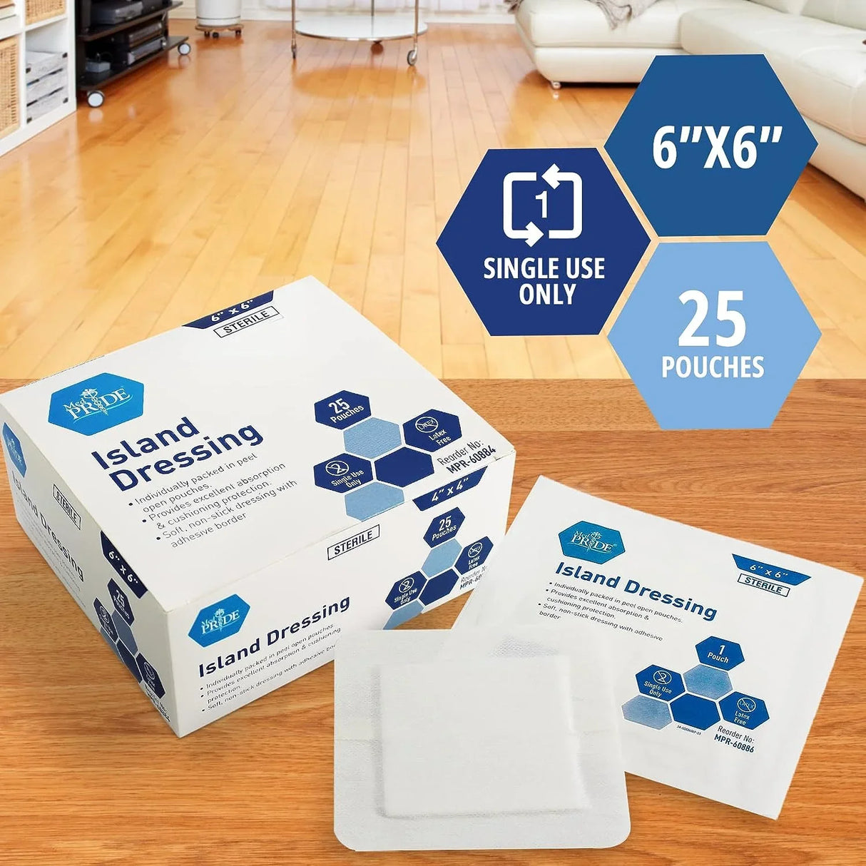 Medpride Bordered Gauze Island Dressing for Wounds First Aid Kit Supplies, 6”x6” 25/Box, Case of of 6 (150 Count)