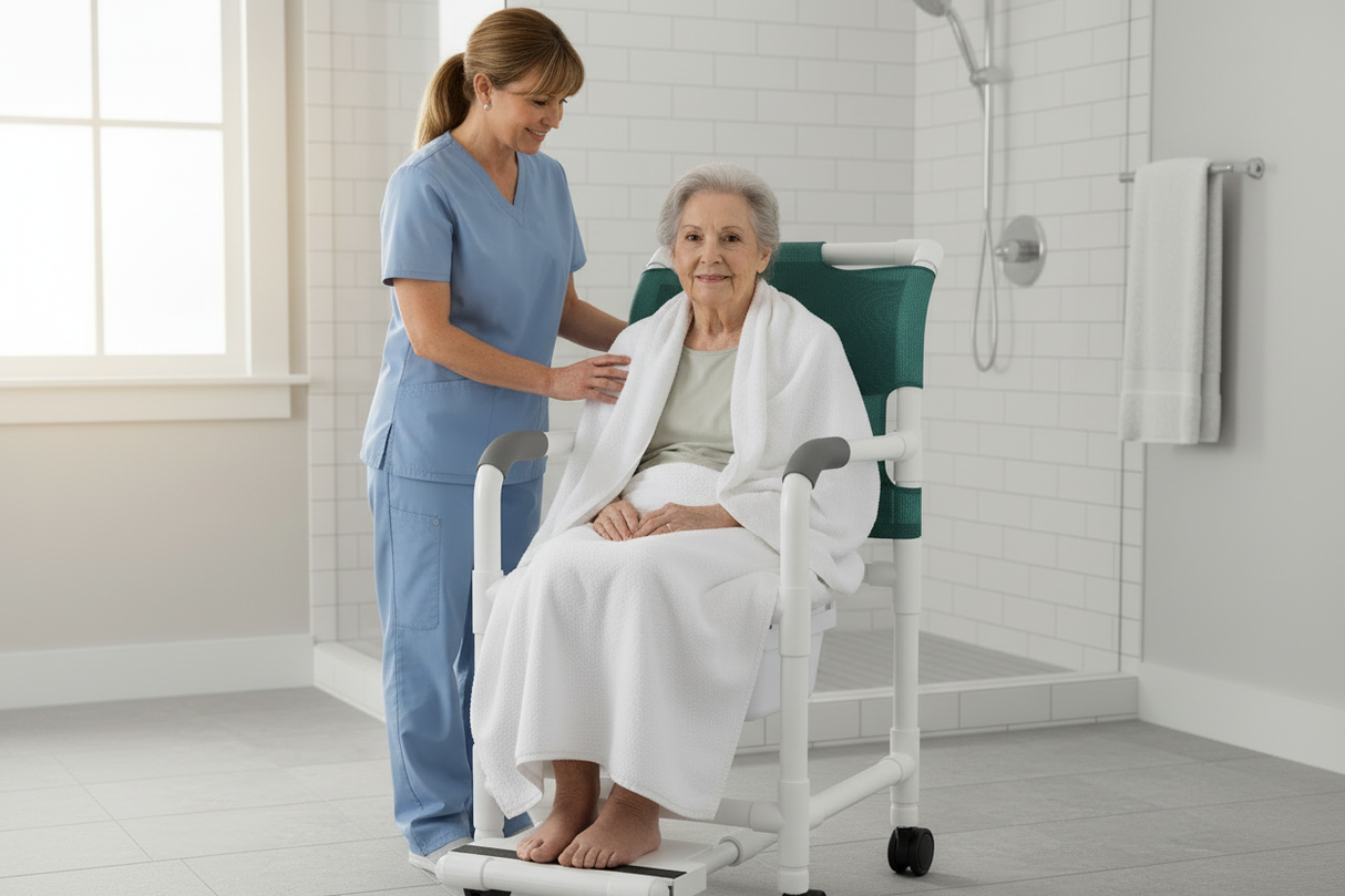MJM International 118-3TW-DDA-SF-SQ-PAIL Shower chair 18" internal width, open front seat, 3" twin casters, with double drop arms, slide out footrest and 10 qt slide out square commode pail, 300 lbs weight capacity