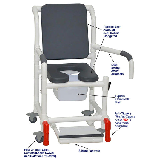 MJM International 118-3TL-SSDE-CBP-PI-DDA-SF-10-QT-C-AT Shower Chair With Total Lock Casters, Soft Seat Deluxe Elongated, Cushion Back, Dual Swing Away Armrests, Sliding Footrest, Square Pail and Anti-Tippers