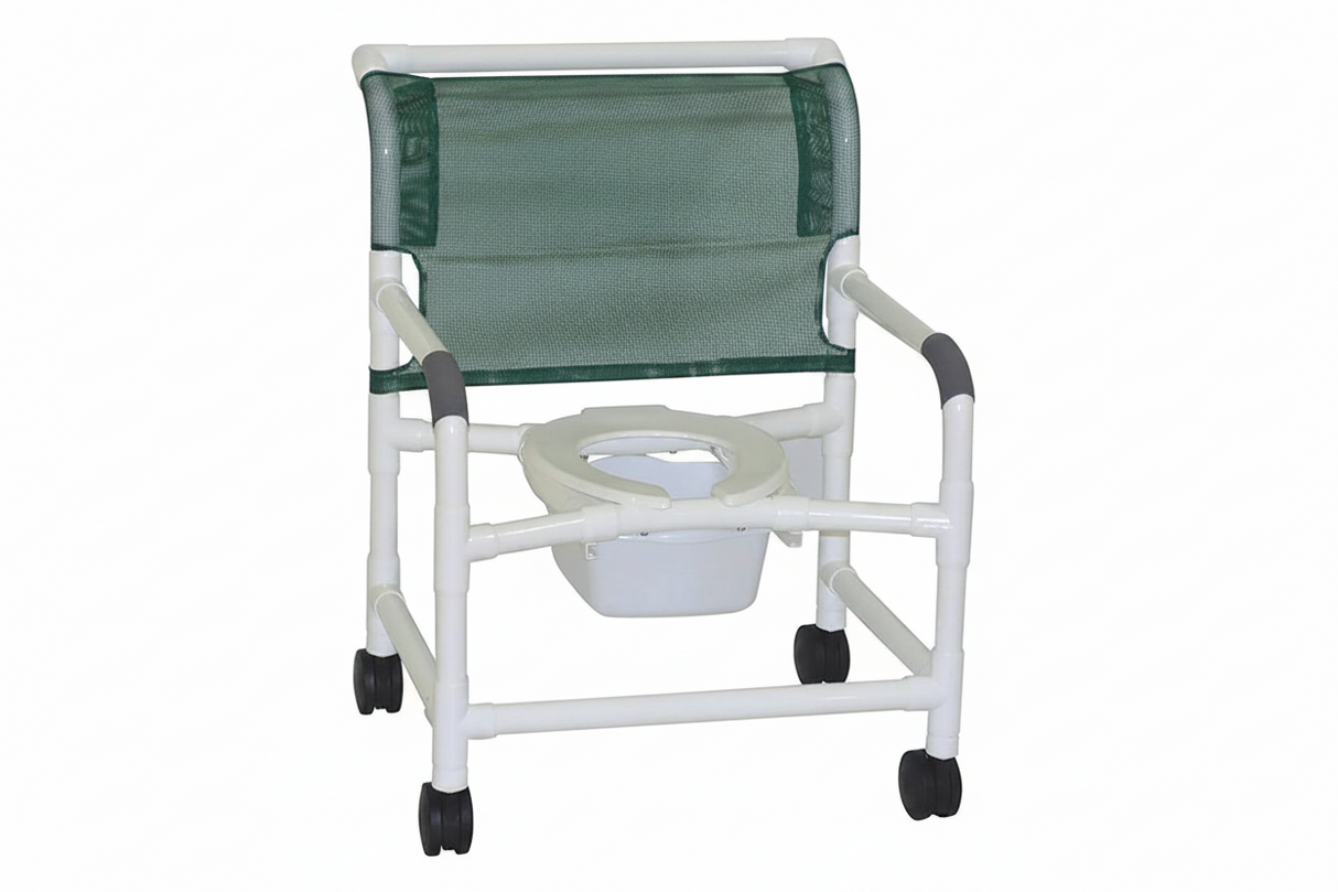 MJM International 126-4-NB Extra-wide Shower Chair 26" Internal Width, Open Front Seat0 Qt. Slide Out Commode Pail, 425 Lbs Weight Capacity