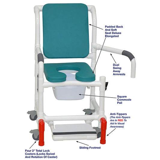 MJM International 118-3TL-SSDE-CBP-OB-DDA-SF-10-QT-C-AT Shower Chair With Total Lock Casters, Soft Seat Deluxe Elongated, Cushion Back, Dual Swing Away Armrests, Sliding Footrest, Square Pail and Anti-Tippers