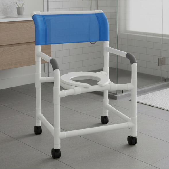 MJM International 122-3TW Wide Shower Chair 22" Internal Width, Open Front Seat, 3" Twin Casters, 375 Lbs Weight Capacity