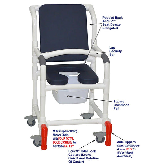 MJM International 118-3TL-SSDE-CBP-AB-10-QT-C-LSB-AT Shower Chair With Total Lock Casters, Soft Seat Deluxe Elongated, Cushion Back, Square Pail, Lap Security Bar and Anti-Tippers
