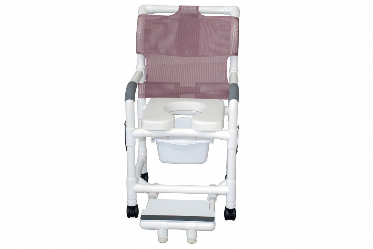 MJM International 118-3TW-DDA-SF-SQ-PAIL Shower chair 18" internal width, open front seat, 3" twin casters, with double drop arms, slide out footrest and 10 qt slide out square commode pail, 300 lbs weight capacity