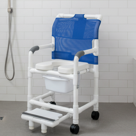 MJM International 118-3TW-DDA-SF-SQ-PAIL Shower chair 18" internal width, open front seat, 3" twin casters, with double drop arms, slide out footrest and 10 qt slide out square commode pail, 300 lbs weight capacity