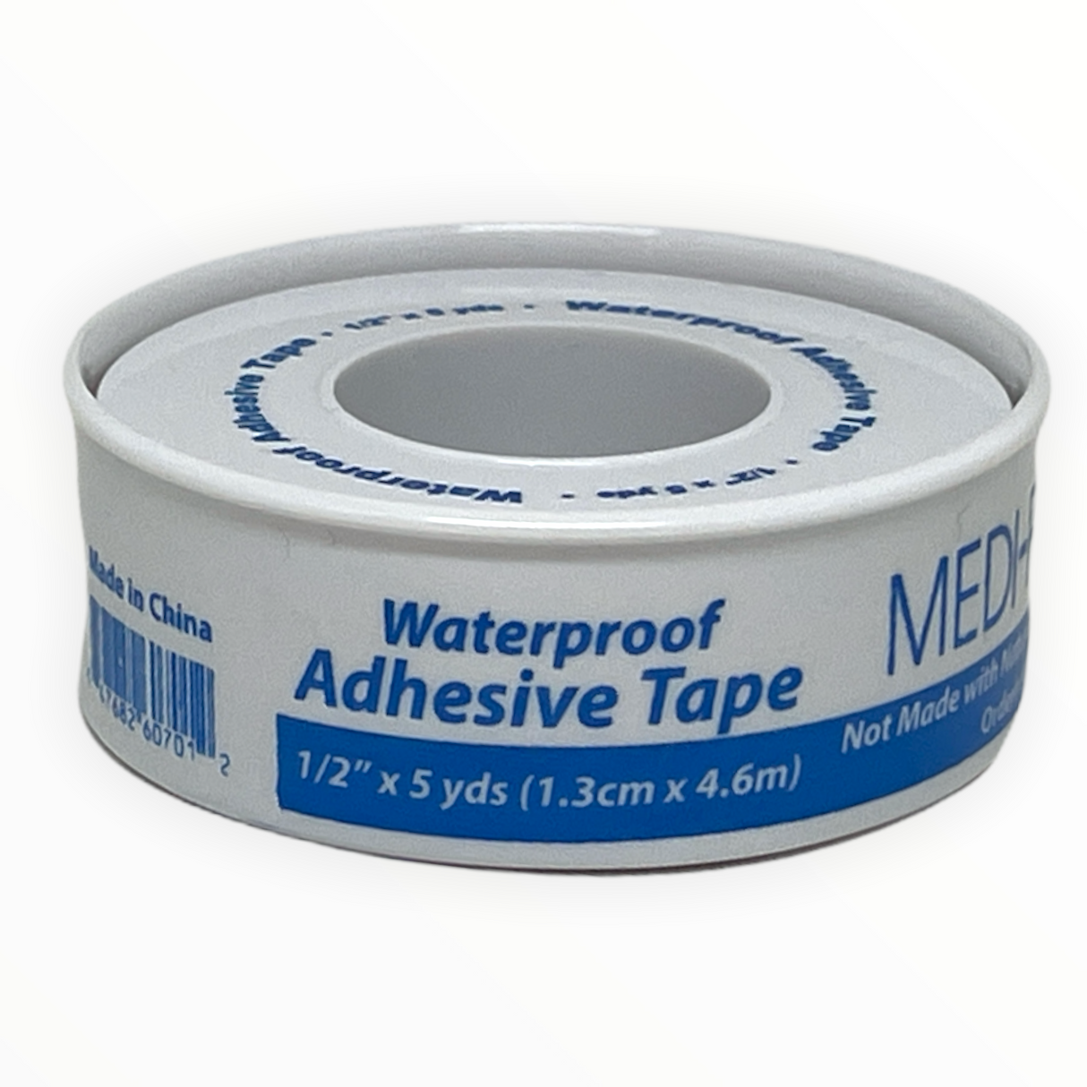 A roll of Medique brand waterproof adhesive tape in a white dispenser with blue and black text, indicating 1/2 inch by 5 yards size.